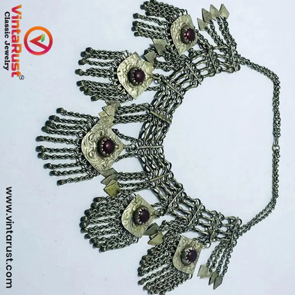 Vintage Dangling Five Pendant Handmade Necklace, Antique Silver Kuchi necklace - Picture 8 of 11